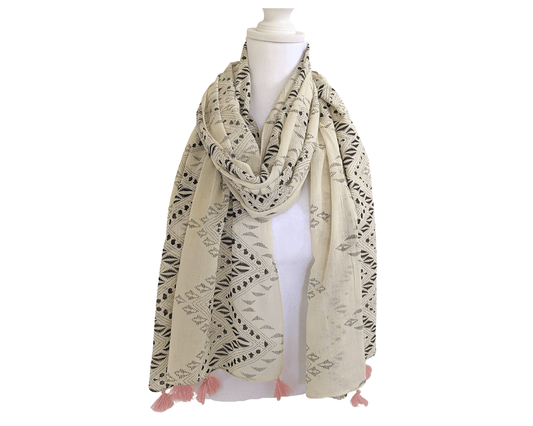 Beige-Ikat-Cotton-Scarf | Pink-Tassels-1