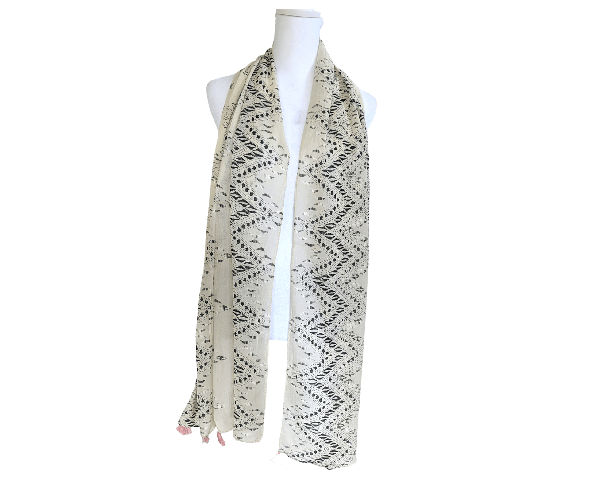 Beige-Ikat-Cotton-Scarf | Pink-Tassels-4