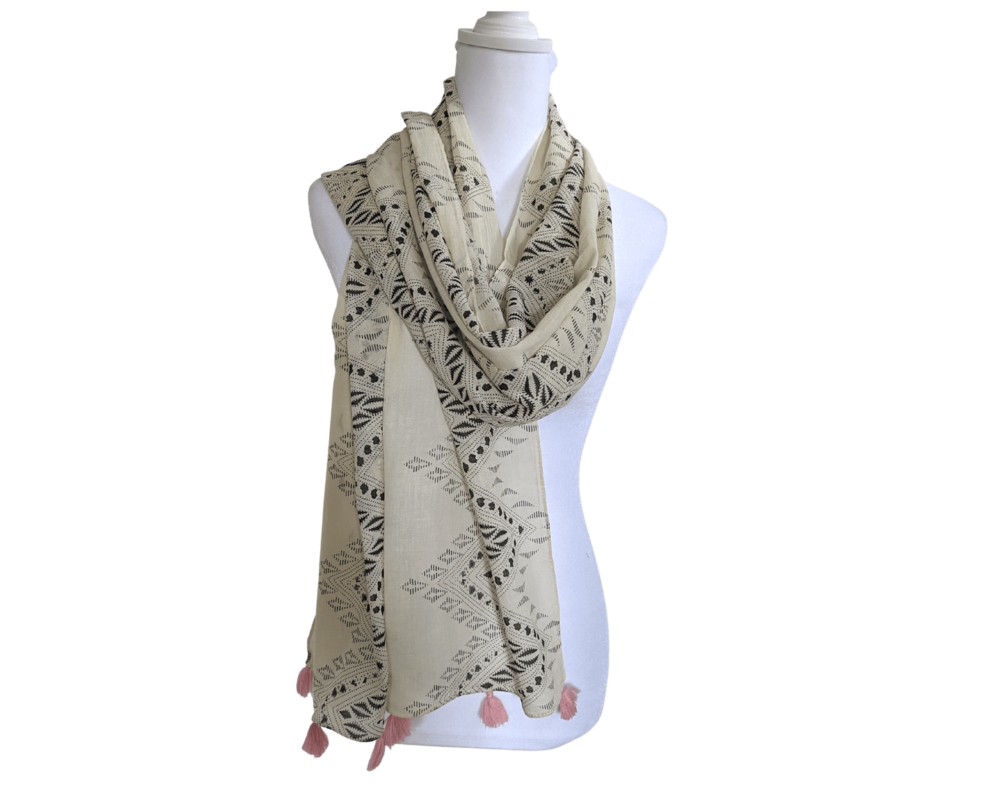 Beige-Ikat-Cotton-Scarf | Pink-Tassels-5