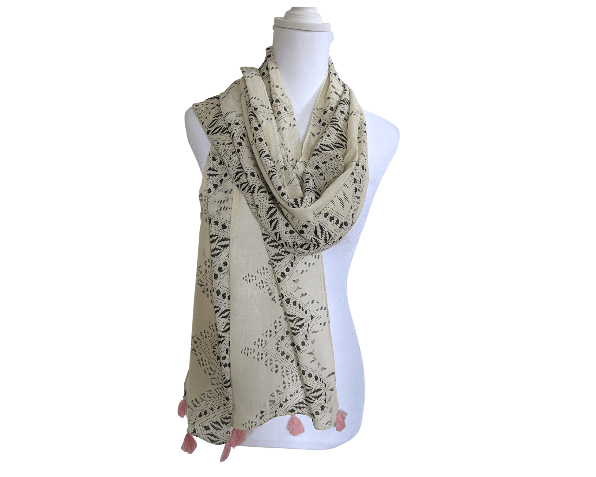 Beige-Ikat-Cotton-Scarf | Pink-Tassels-5