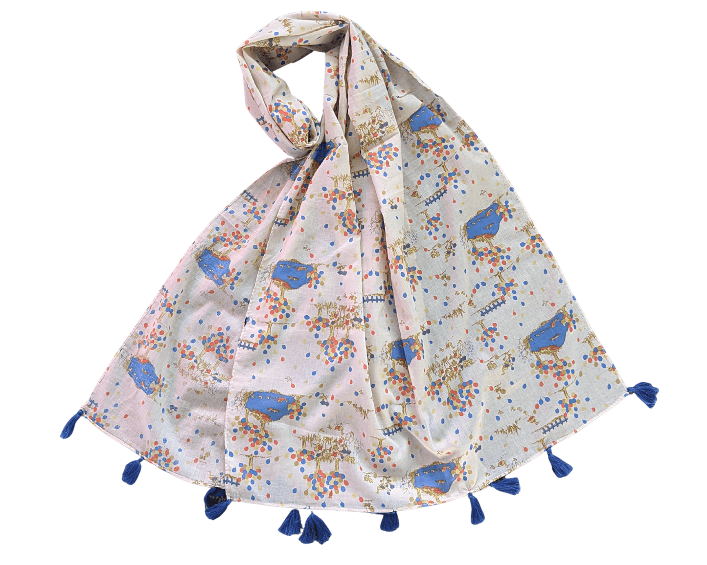 Beige-Printed-Cotton-Scarf | Blue-Tassels-1