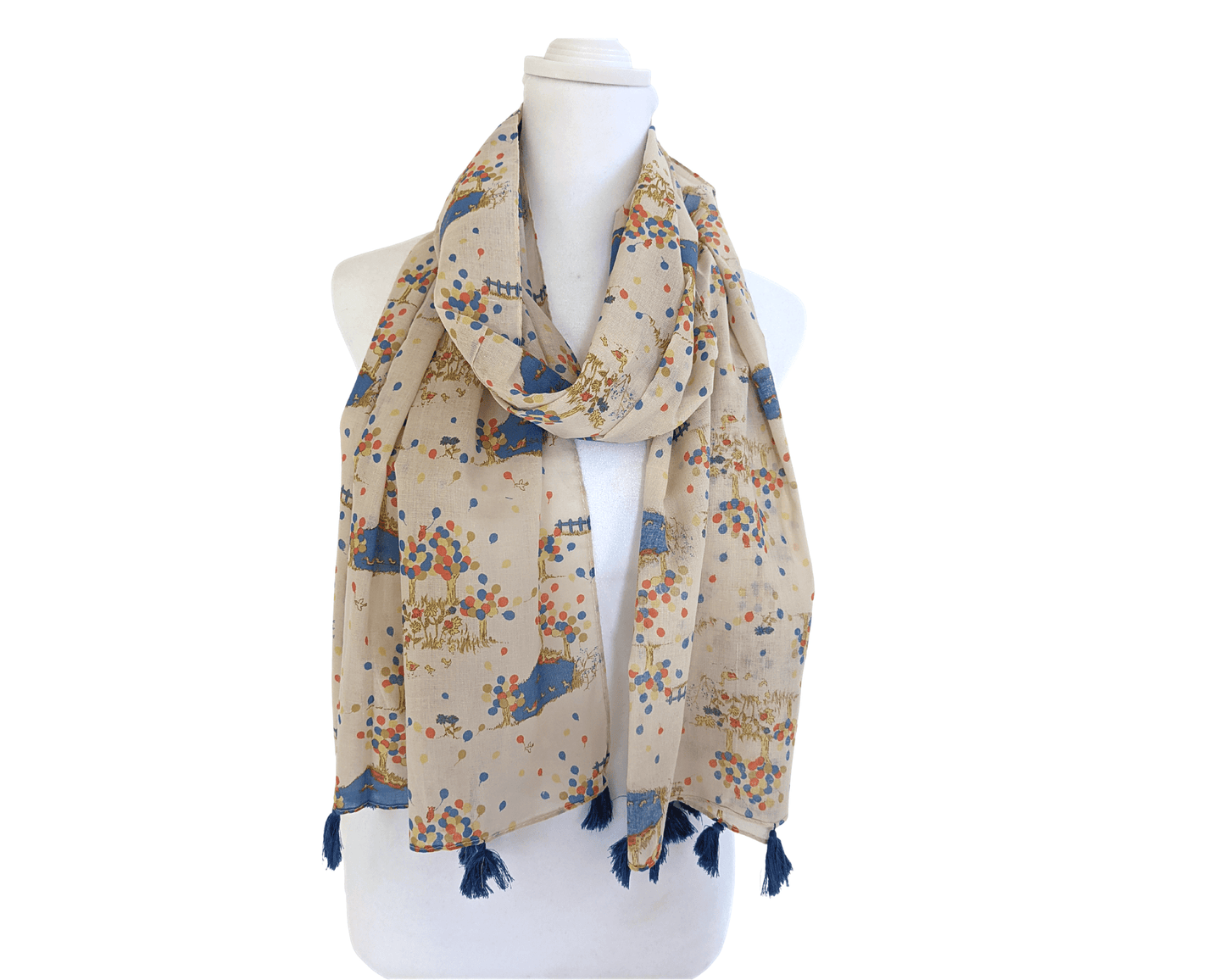 Beige-Printed-Cotton-Scarf | Blue-Tassels-2
