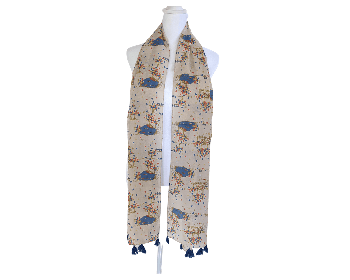 Beige-Printed-Cotton-Scarf | Blue-Tassels-5