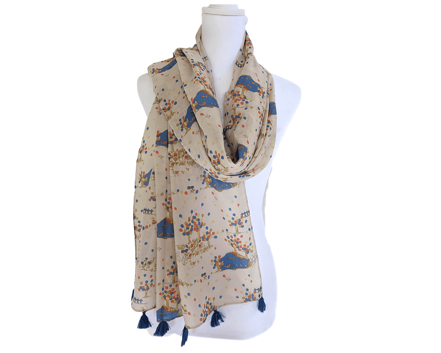 Beige-Printed-Cotton-Scarf | Blue-Tassels-4