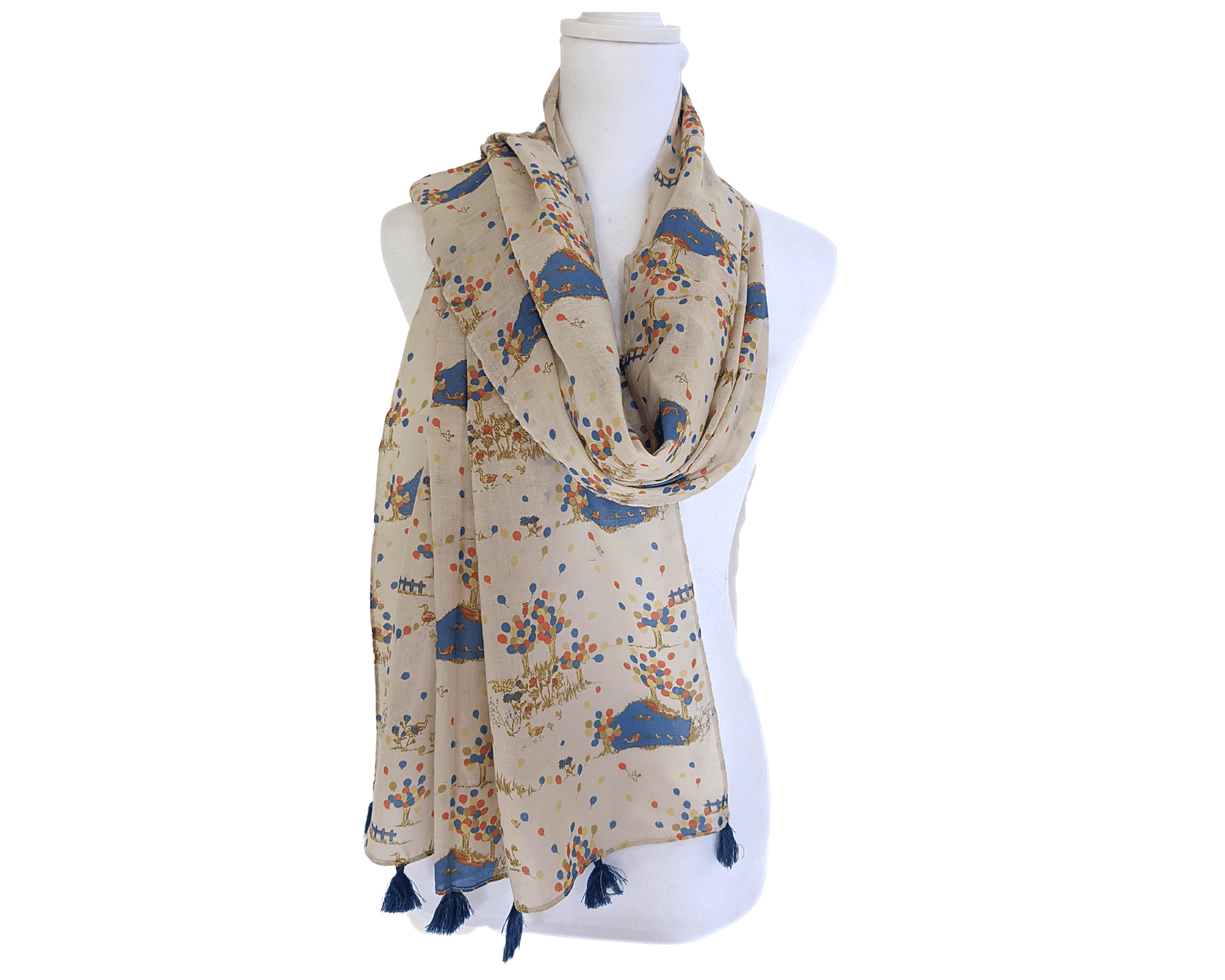 Beige-Printed-Cotton-Scarf | Blue-Tassels-4