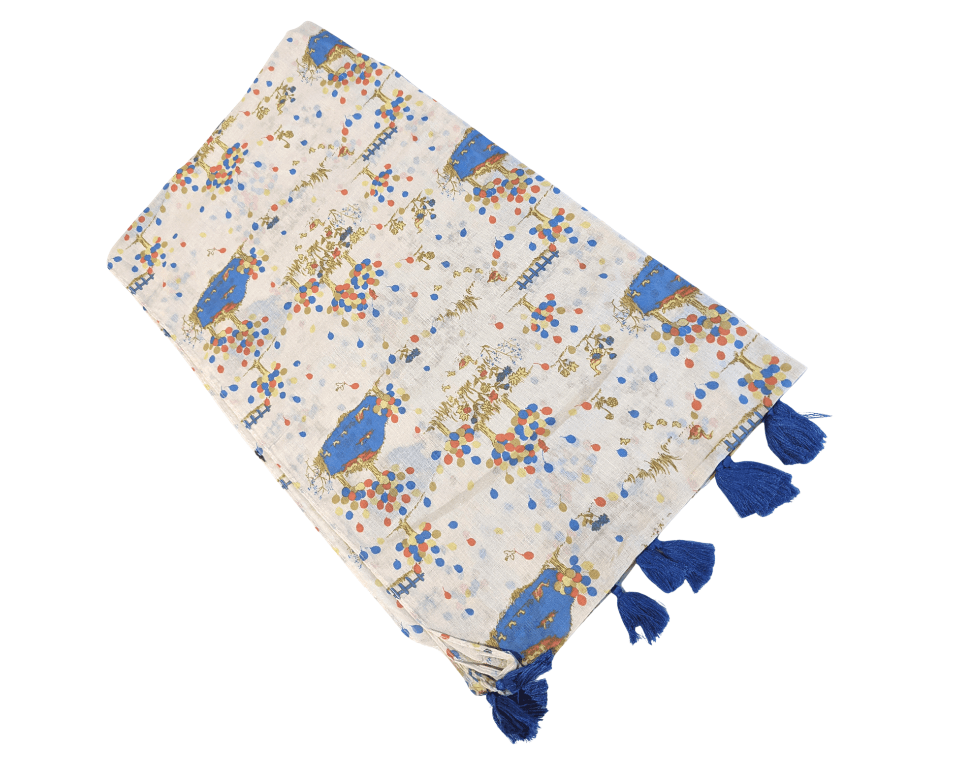 Beige-Printed-Cotton-Scarf | Blue-Tassels-3
