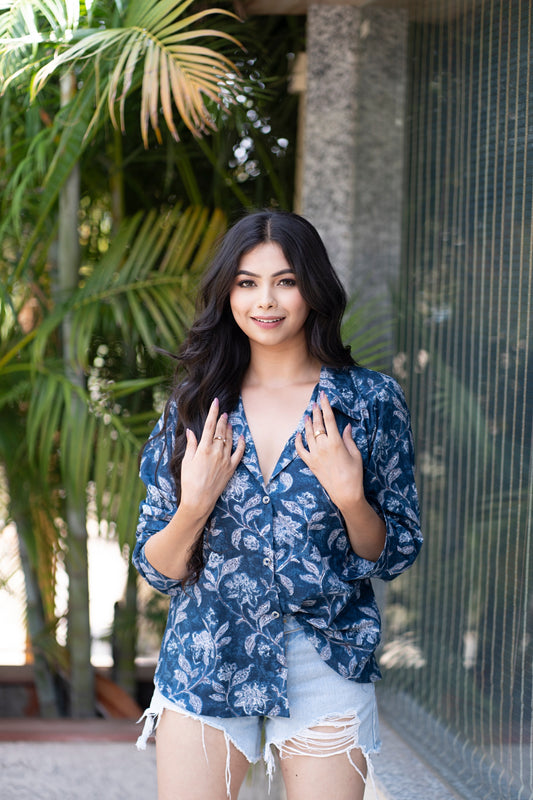 Women Button Down Shirt Long Sleeves for Summer - Blue