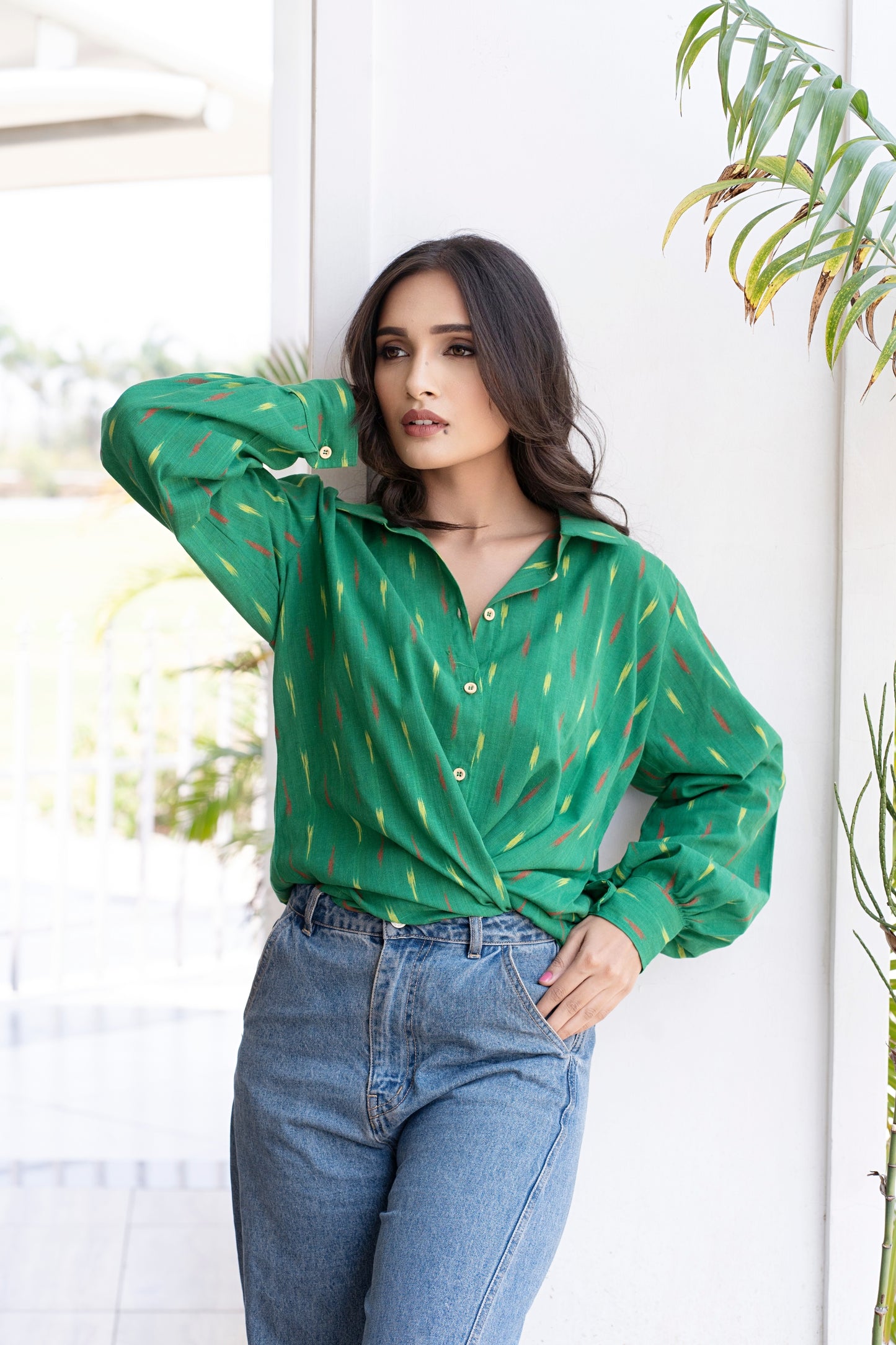 Women Button Down Shirt Long Sleeves For Summer - Green