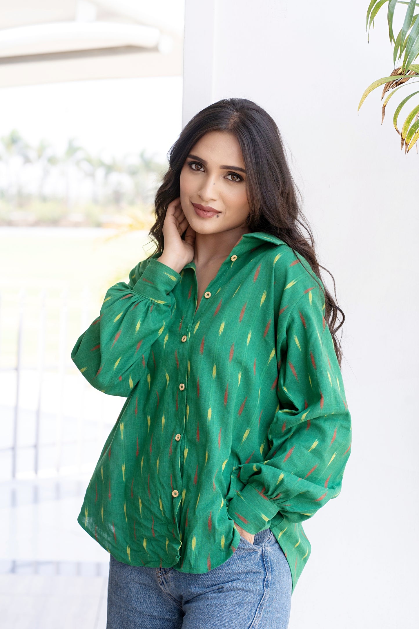 Women Button Down Shirt Long Sleeves For Summer - Green