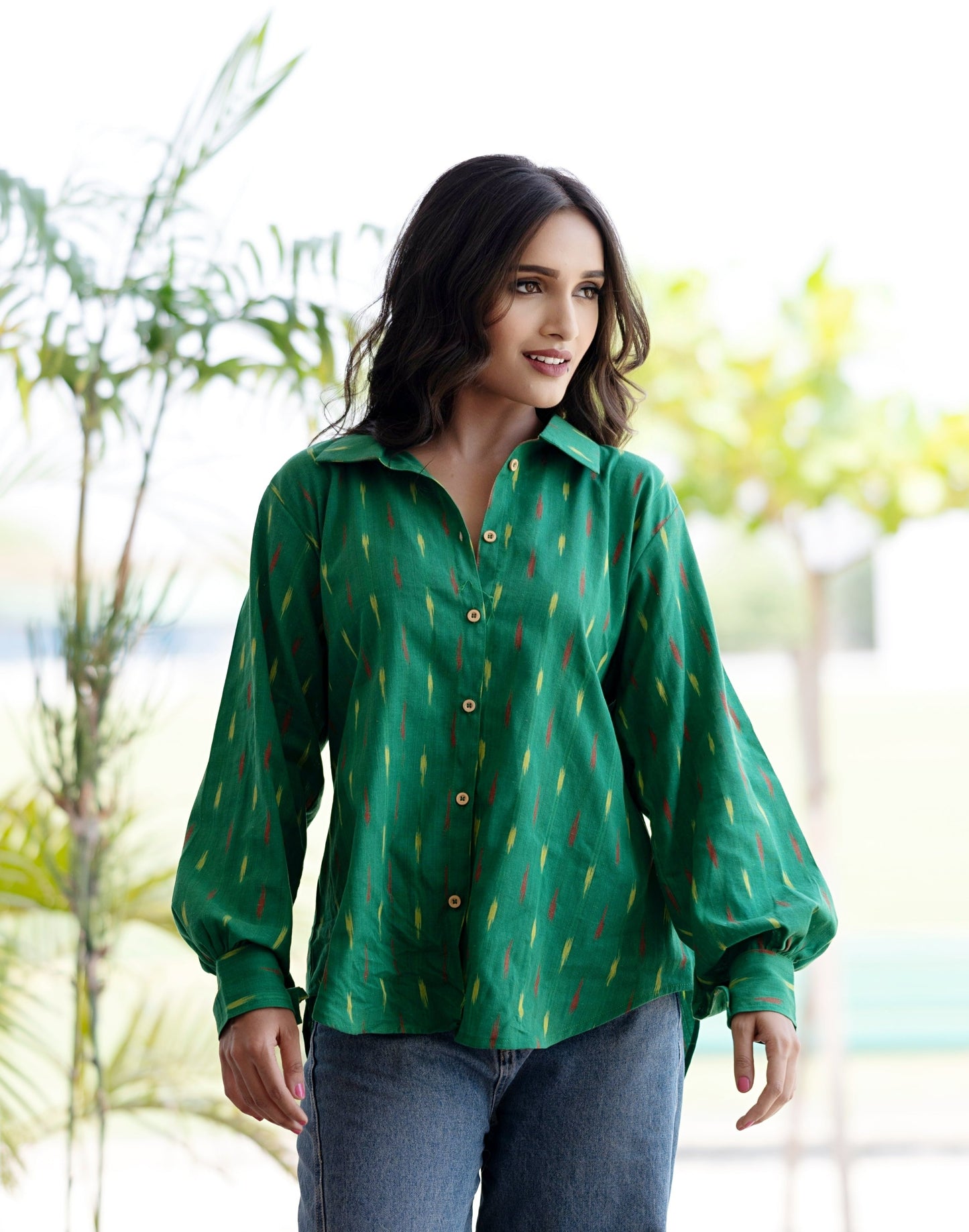 Women Button Down Shirt Long Sleeves For Summer - Green
