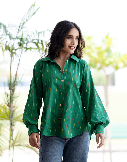 Women Button Down Shirt Long Sleeves For Summer - Green