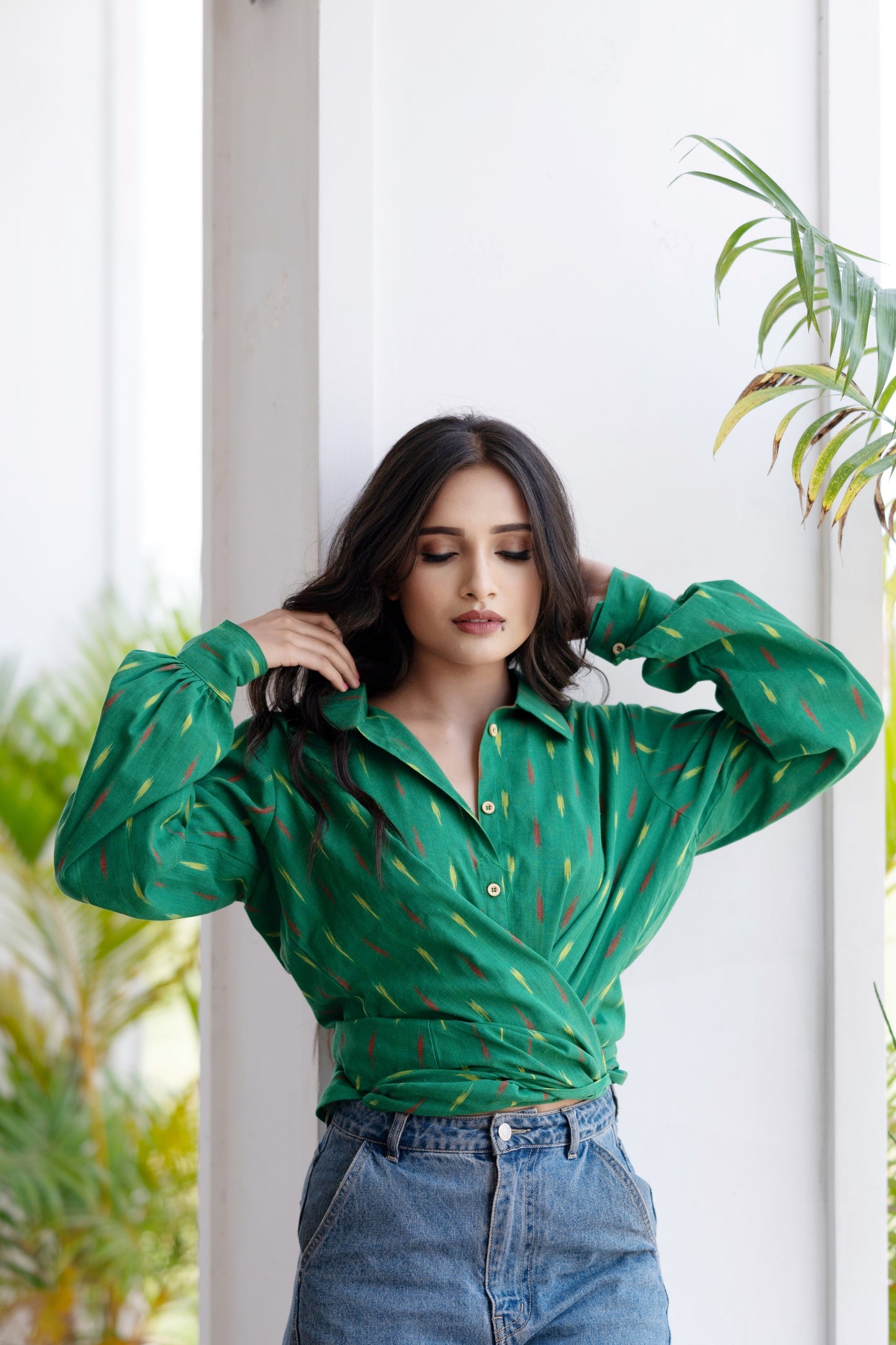 Women Button Down Shirt Long Sleeves For Summer - Green