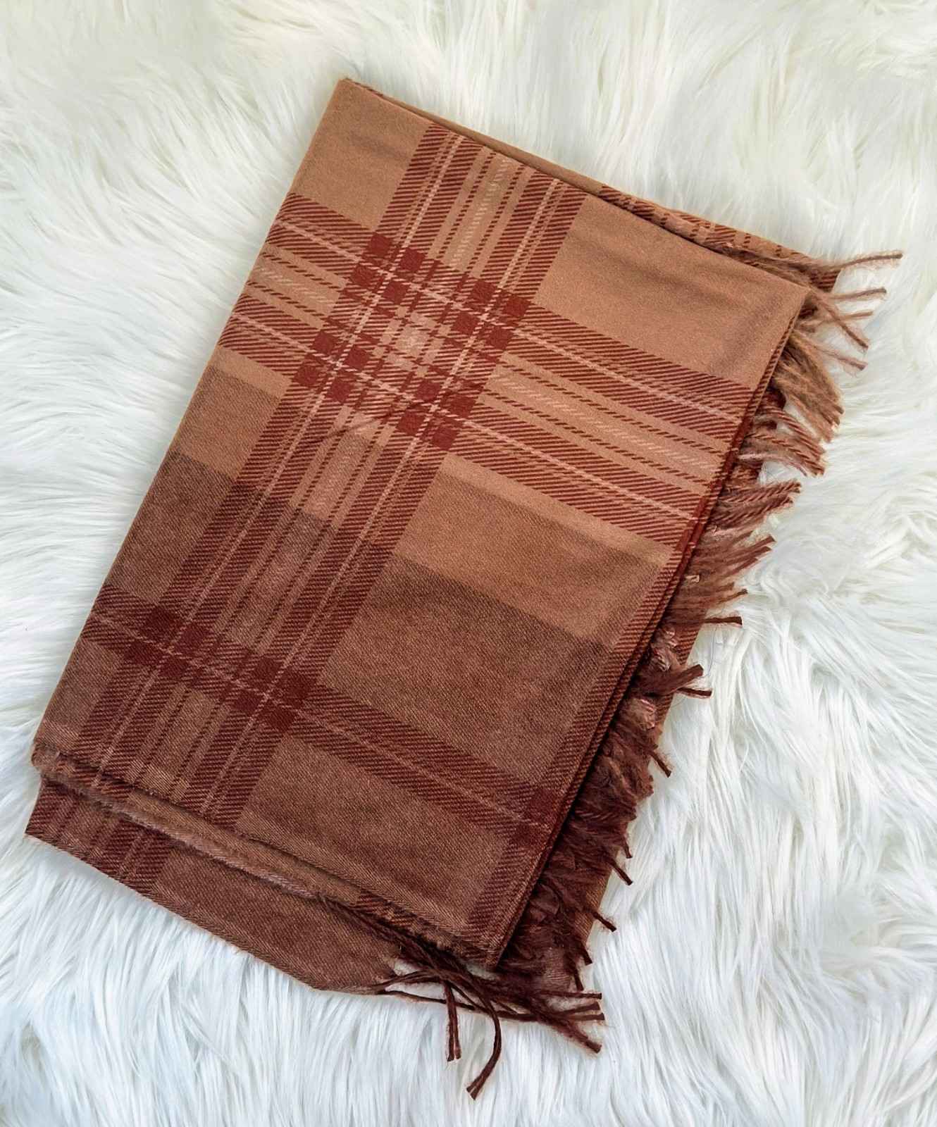 Reversible Plaid Pure Wool Brown Scarf - Craft Bazaar
