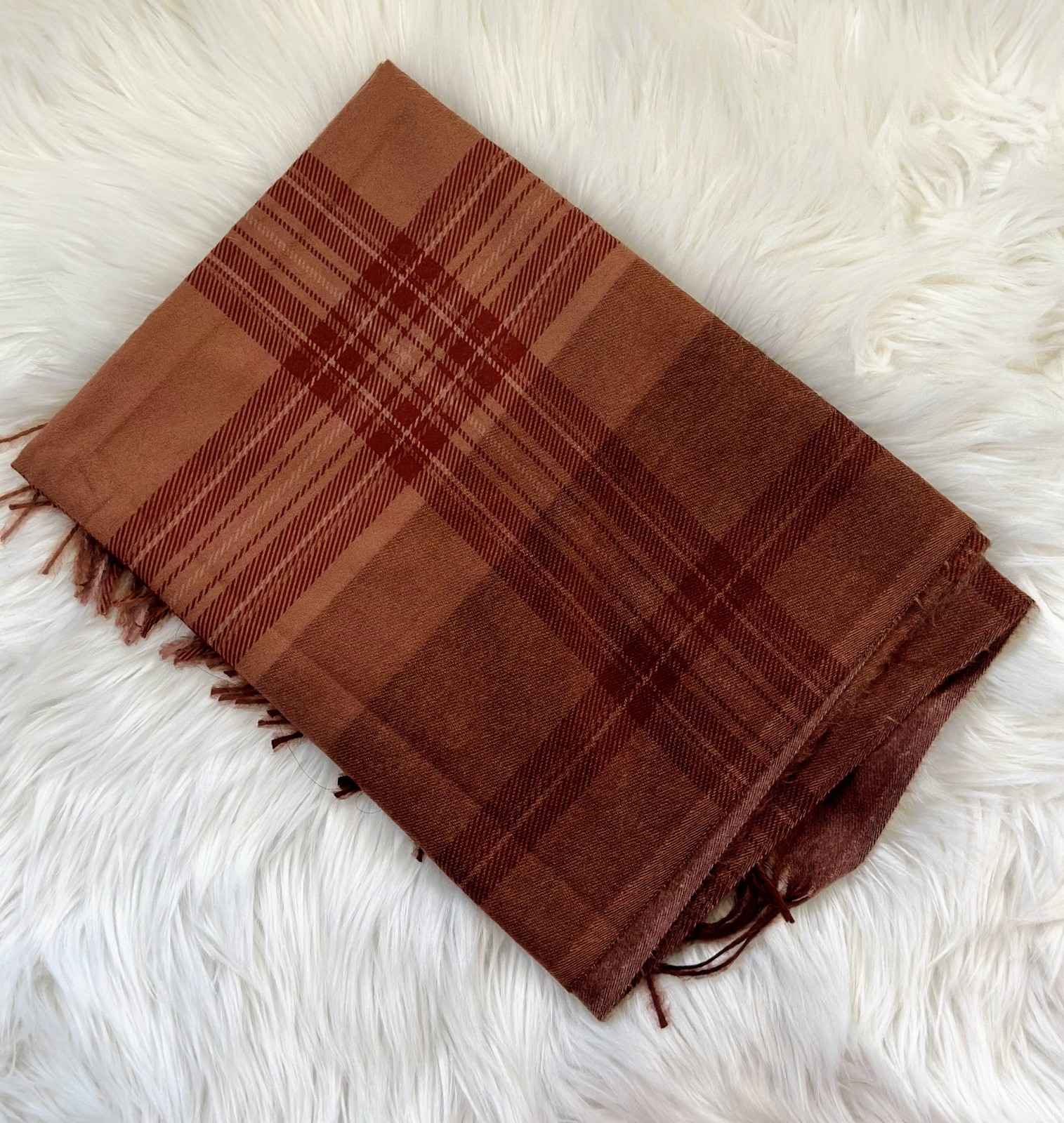 Reversible Plaid Pure Wool Brown Scarf - Craft Bazaar