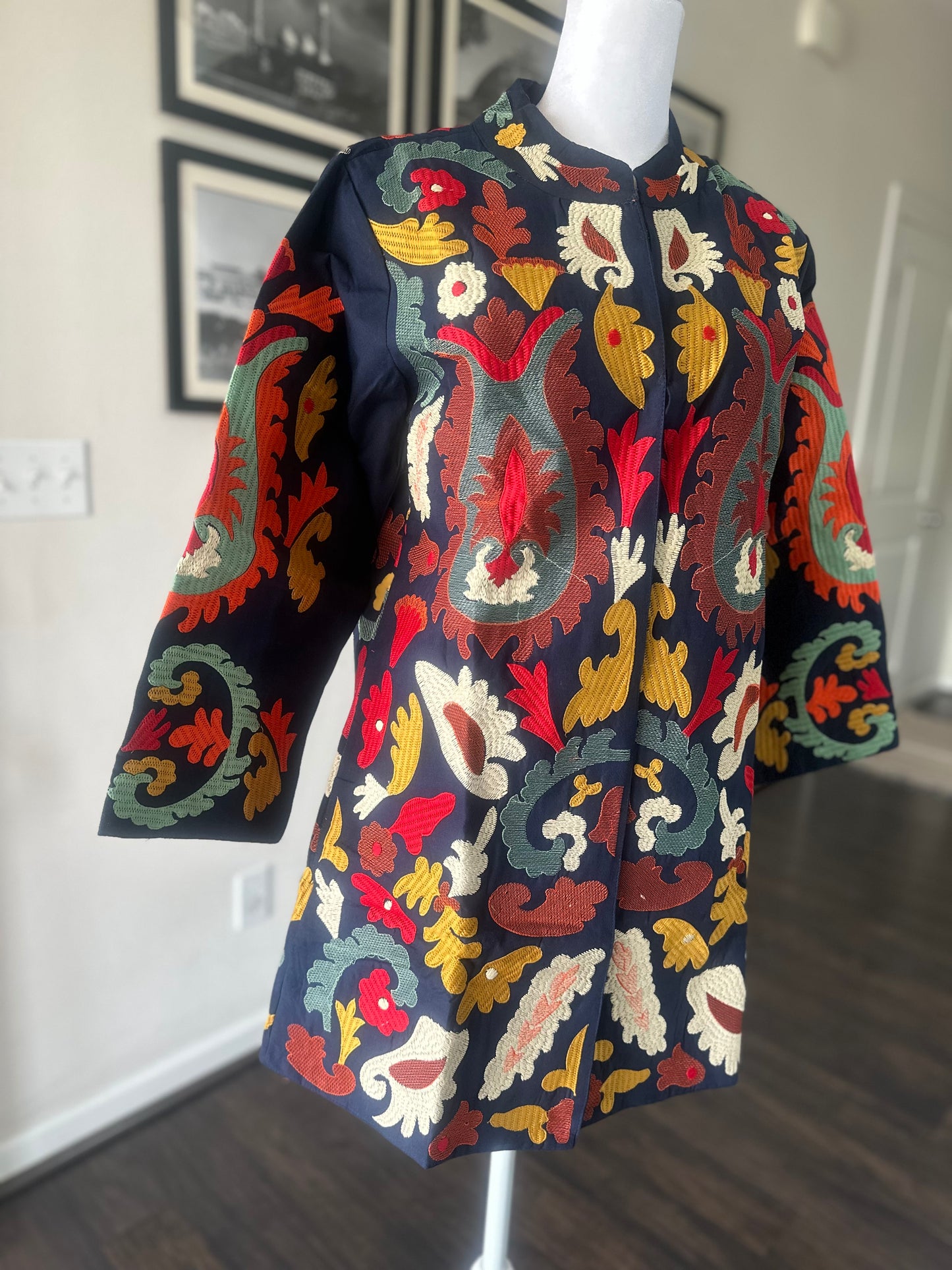 Navy Cotton Long Coat, Full Sleeves Jackets for Women