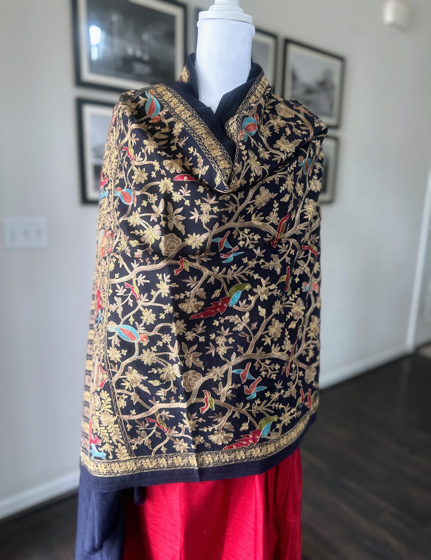 Luxury Pashmina Indian Wedding Scarf, Ethical Gift, Warm Winter Stole | Navy Scarf