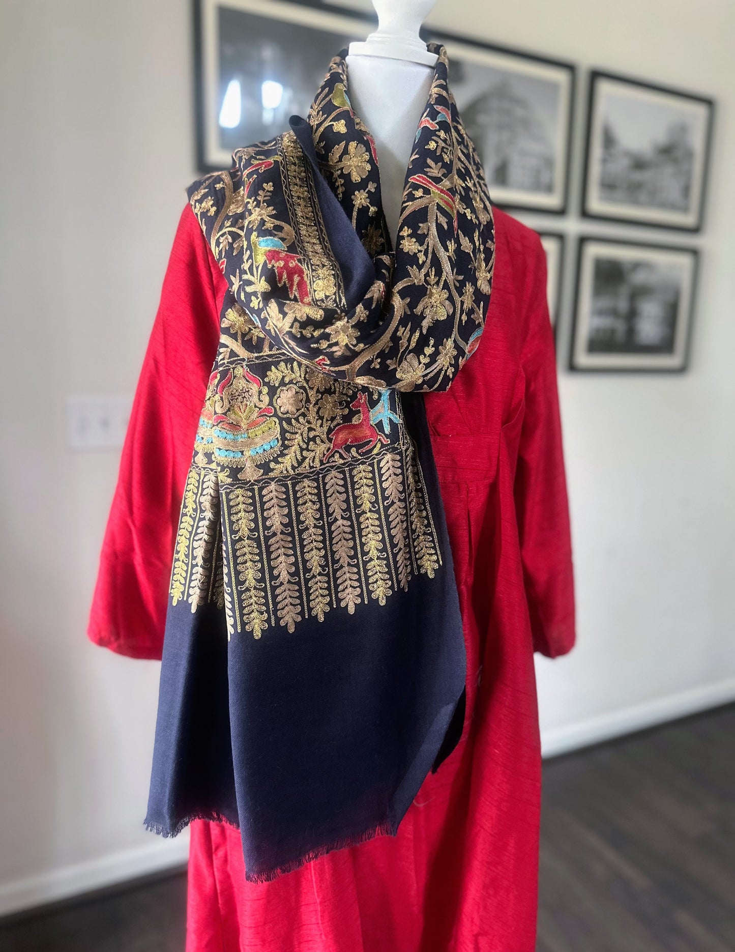 Luxury Pashmina Indian Wedding Scarf, Ethical Gift, Warm Winter Stole | Navy Scarf