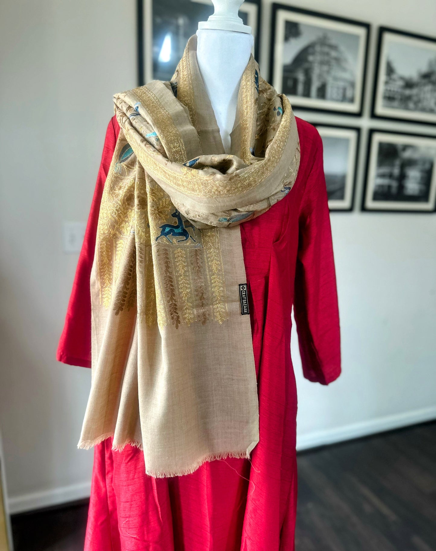 Luxury Pashmina Indian Wedding Scarf, Ethical Gift, Warm Winter Stole | Beige Scarf