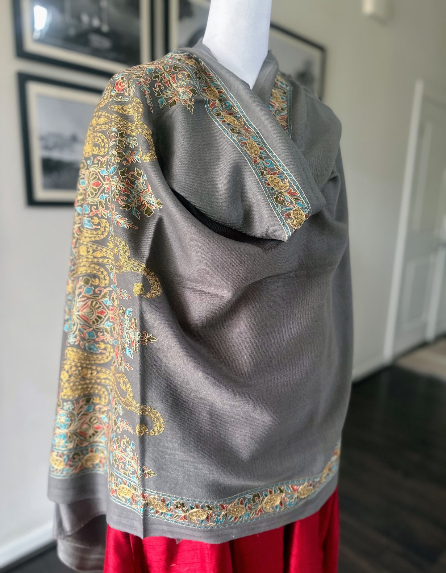 Luxury Pashmina Indian Wedding Scarf, Warm Winter Stole | Dark Gray Scarf