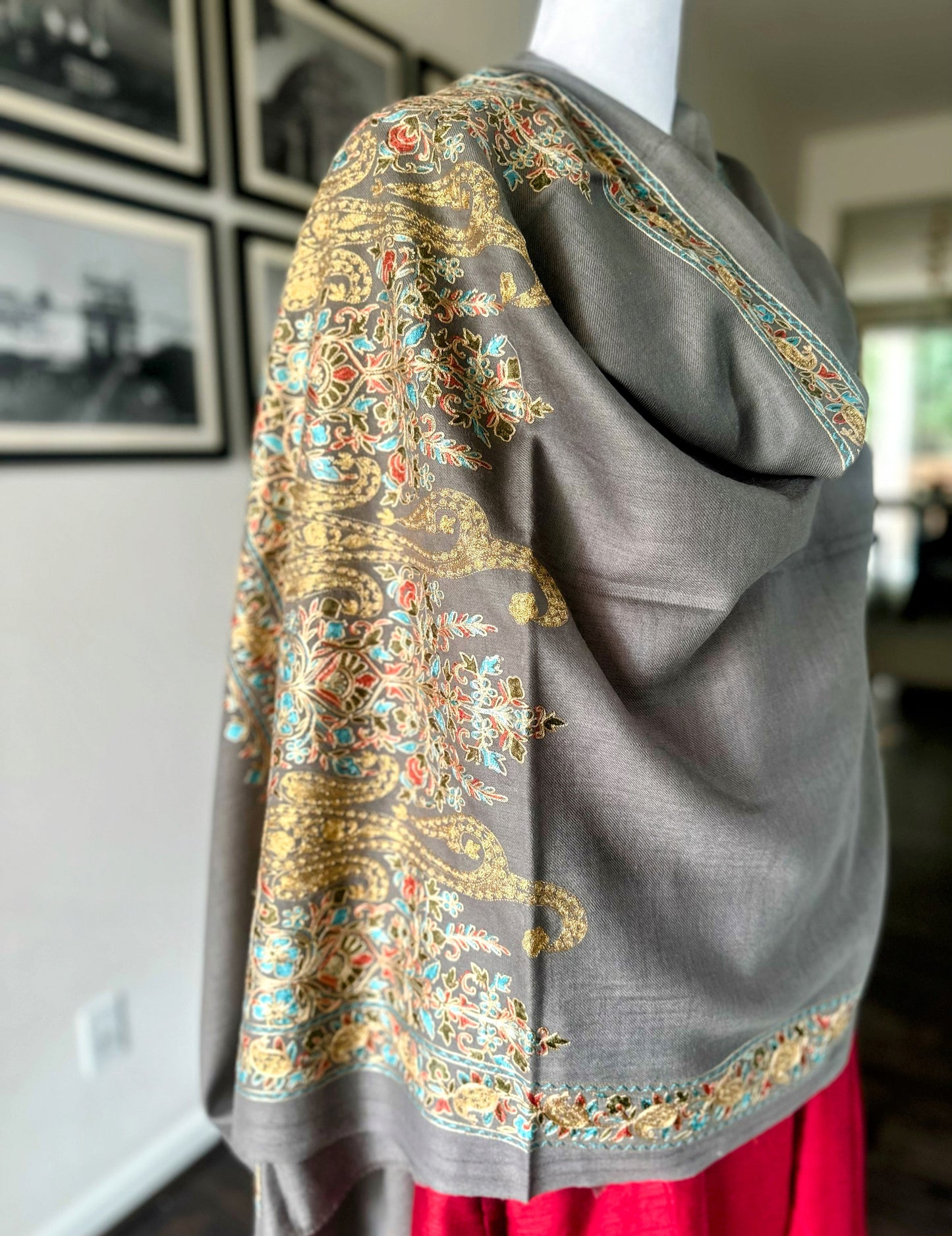 Luxury Pashmina Indian Wedding Scarf, Warm Winter Stole | Dark Gray Scarf