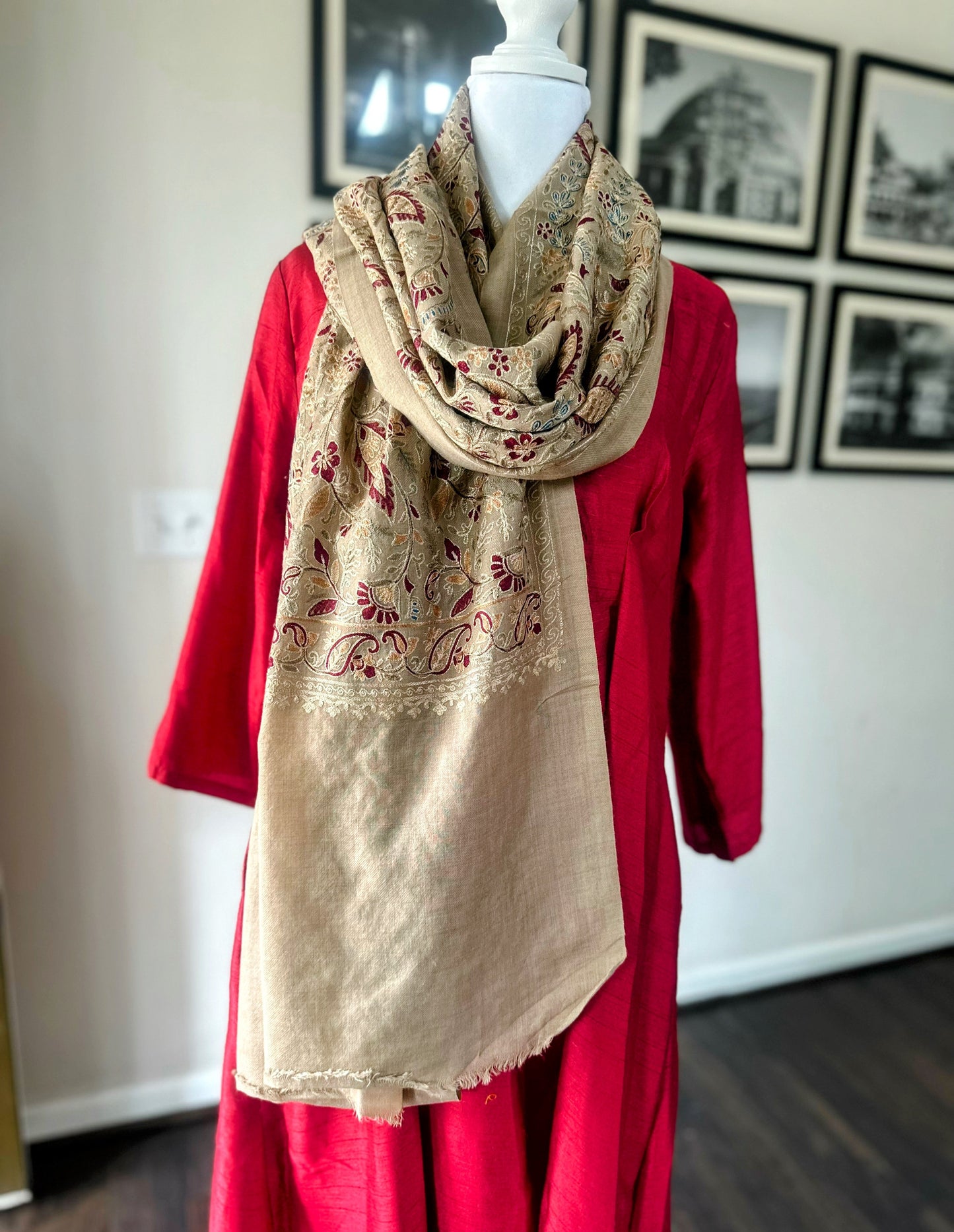 Luxury Pashmina Indian Wedding Scarf, Warm Winter Stole | Beige Scarf