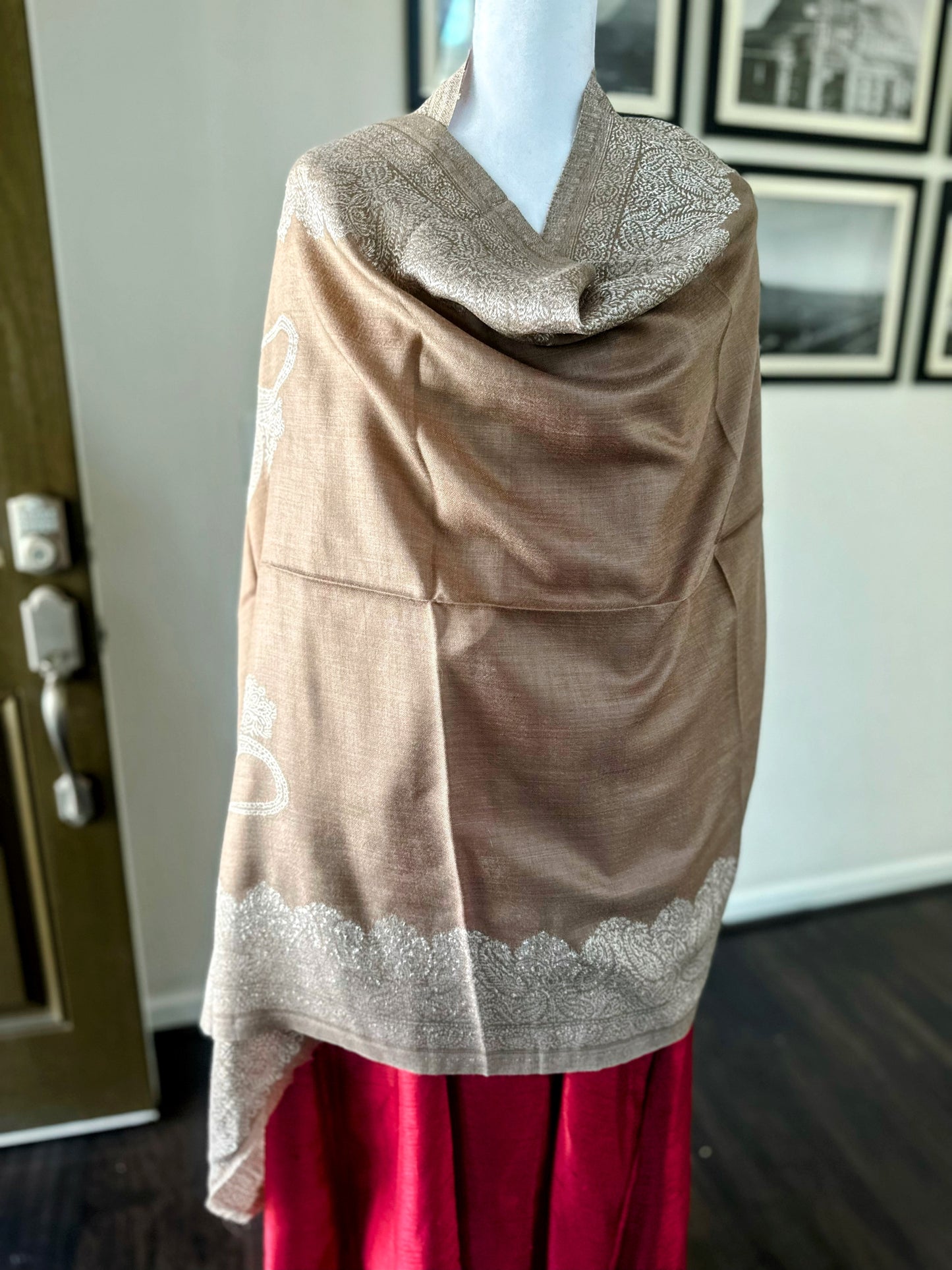 Pashmina Wool Beige Scarf For Women and Men With Gold Zari Border, Finest Quality Kashmiri Shawl