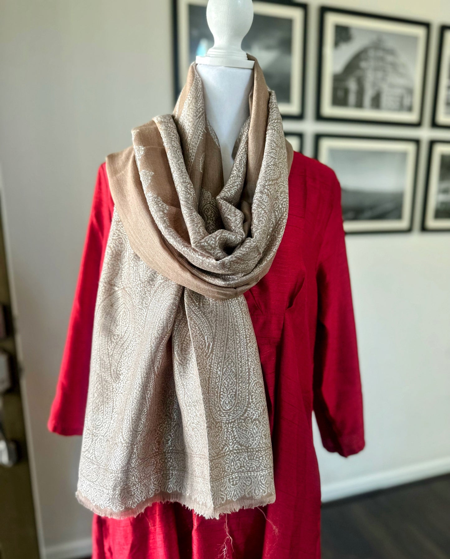 Pashmina Wool Beige Scarf For Women and Men With Gold Zari Border, Finest Quality Kashmiri Shawl