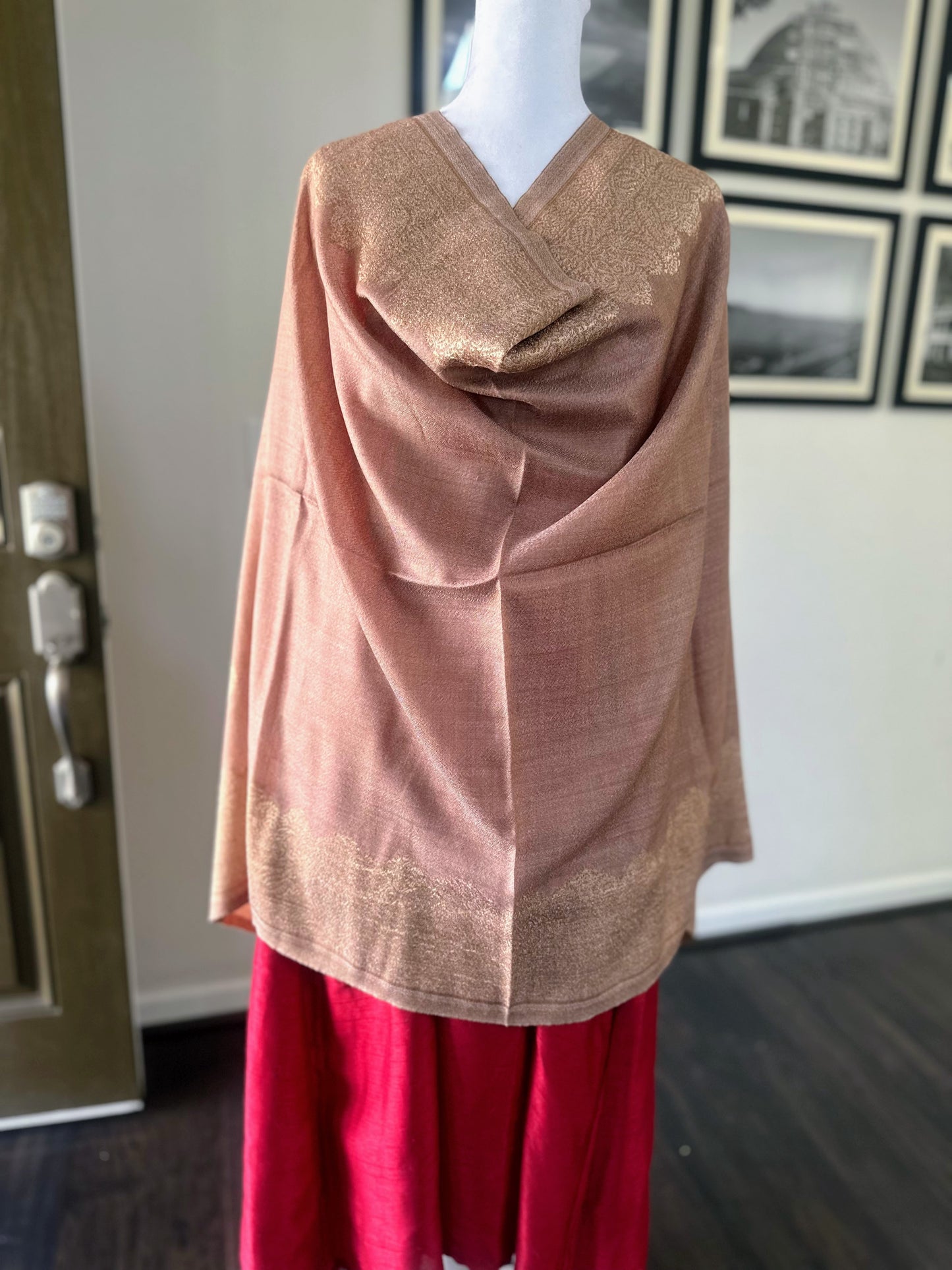 Pashmina Wool Brown Scarf For Women and Men With Gold Zari Border, Finest Quality Kashmiri Shawl