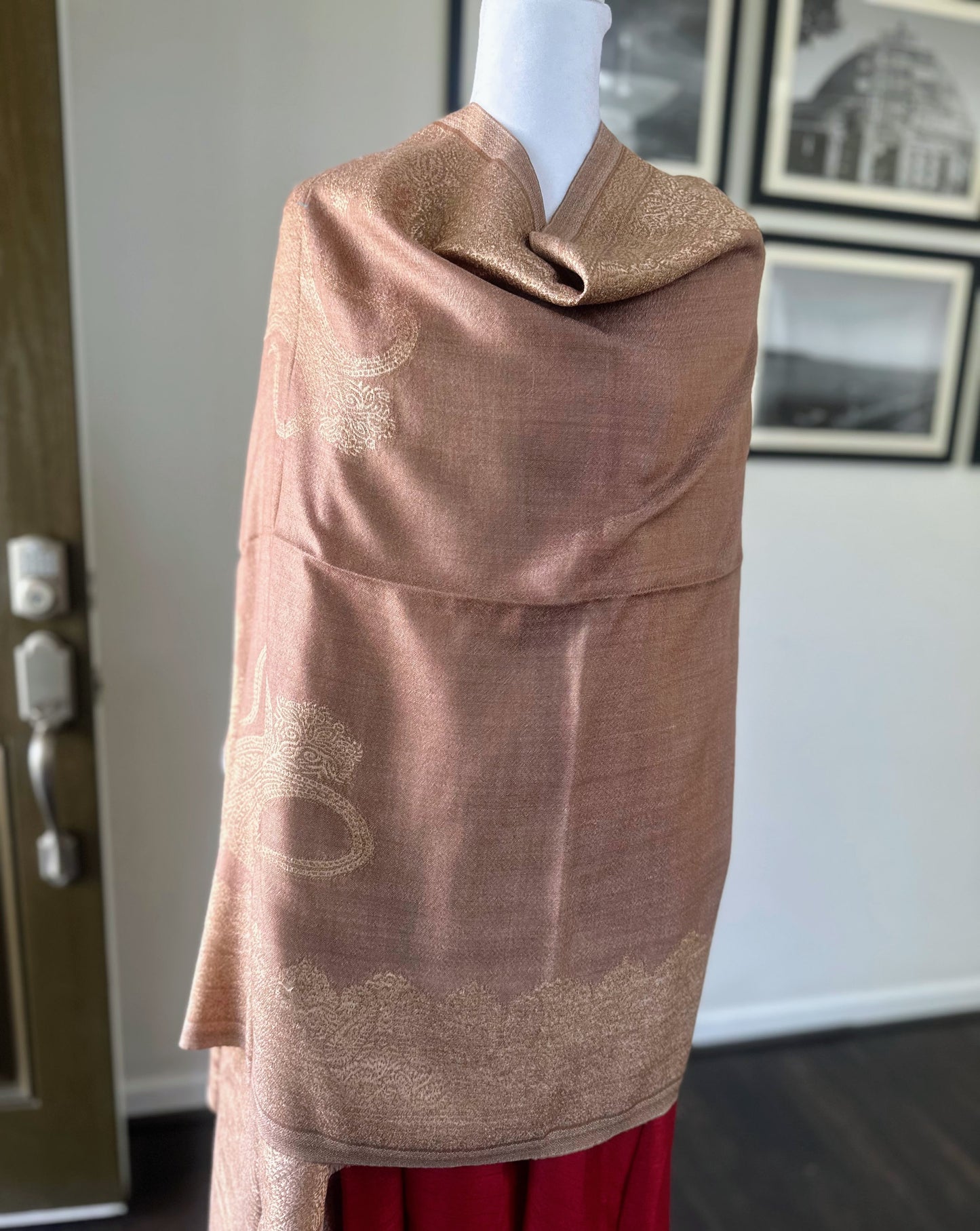 Pashmina Wool Brown Scarf For Women and Men With Gold Zari Border, Finest Quality Kashmiri Shawl