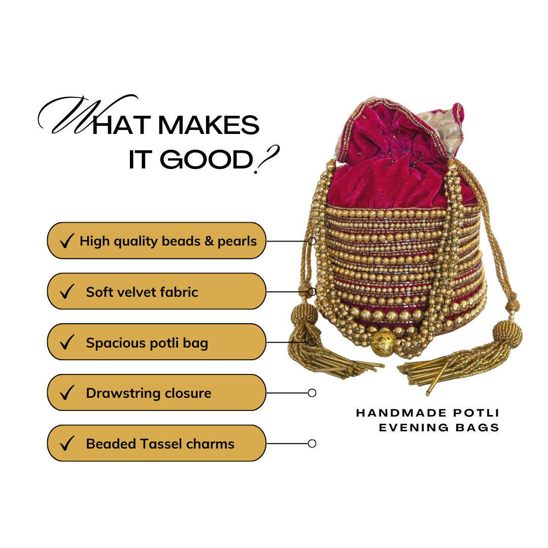 Embellished Velvet Indian Potli Bag With Gold Handle - Craft Bazaar