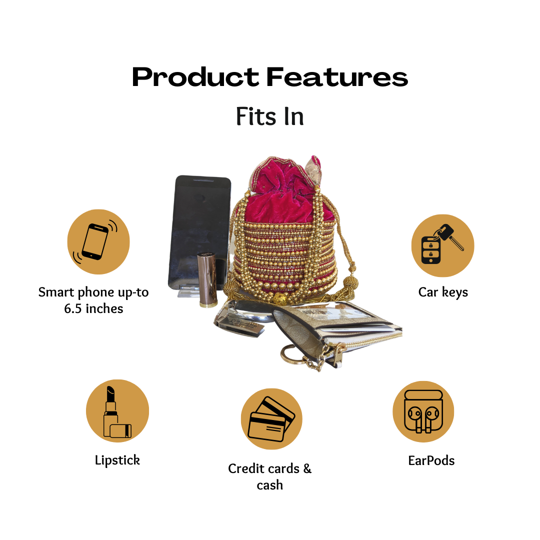 Embellished Velvet Indian Potli Bag With Gold Handle - Craft Bazaar