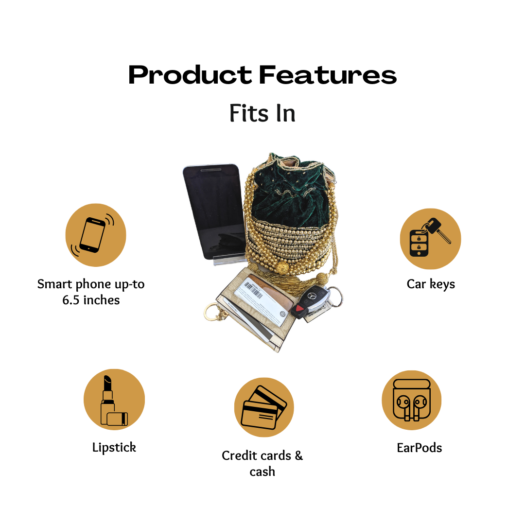 Embellished Velvet Indian Potli Bag With Gold Handle - Craft Bazaar