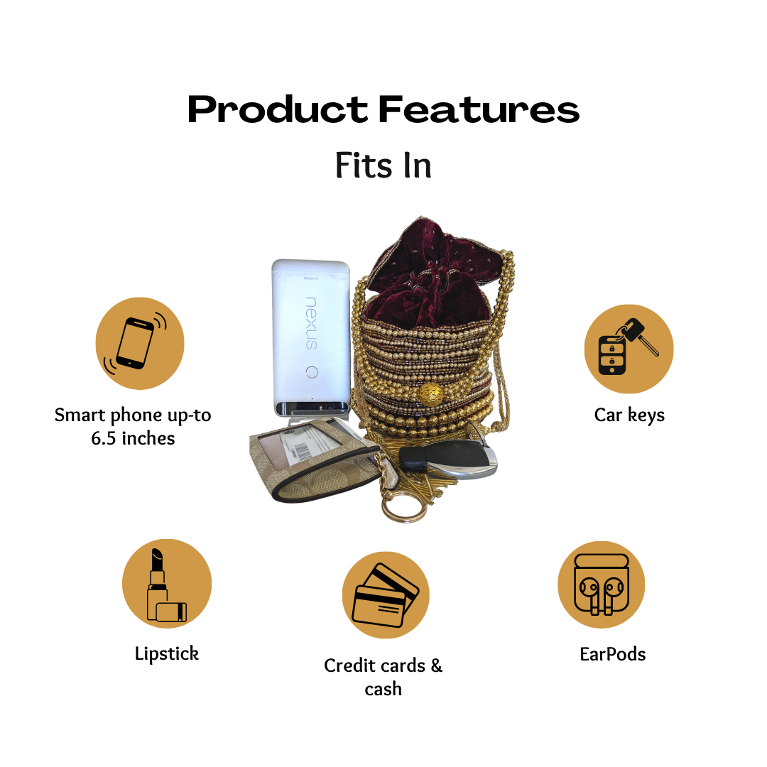 Embellished Velvet Indian Potli Bag With Gold Handle - Craft Bazaar