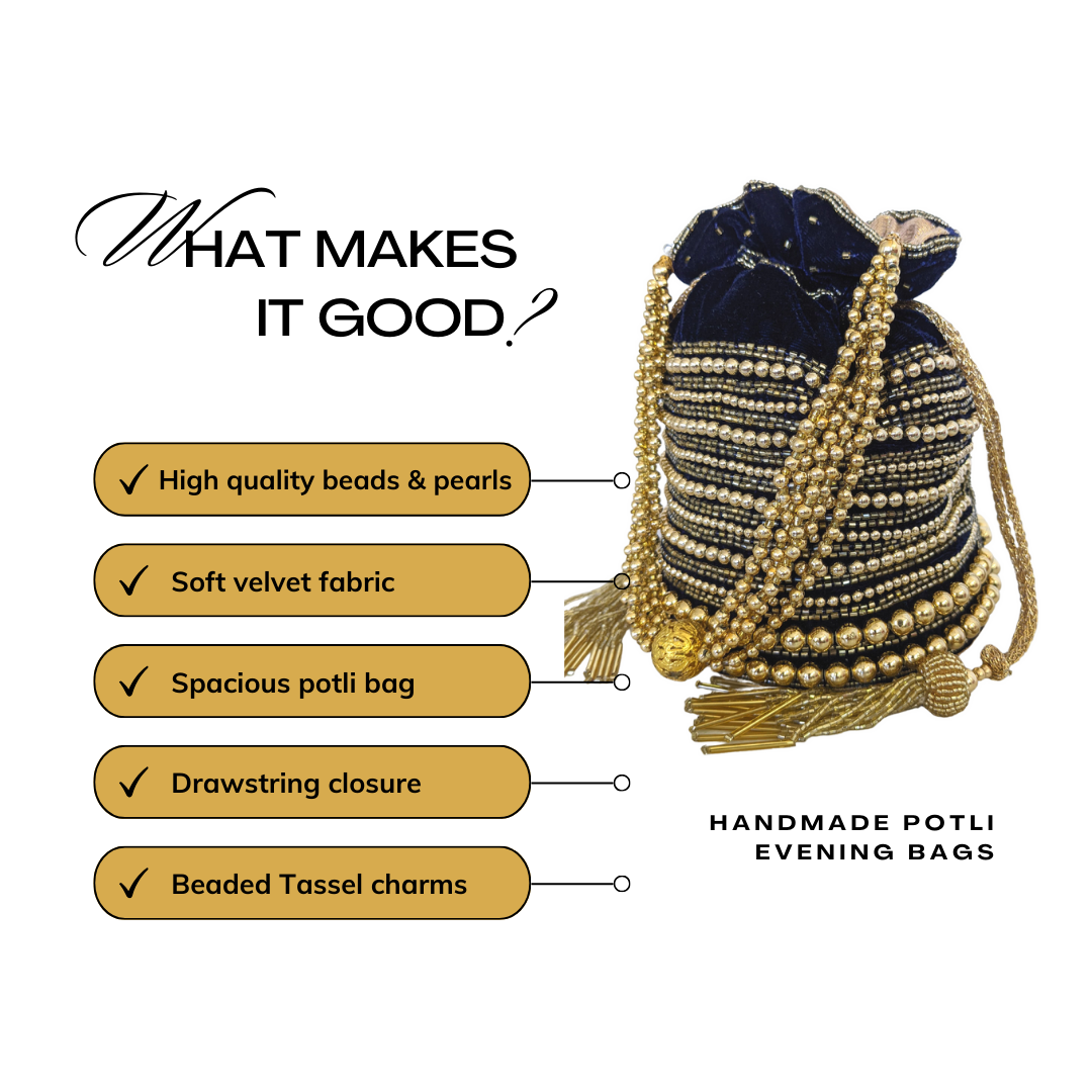 Embellished Velvet Indian Potli Bag With Gold Handle - Craft Bazaar
