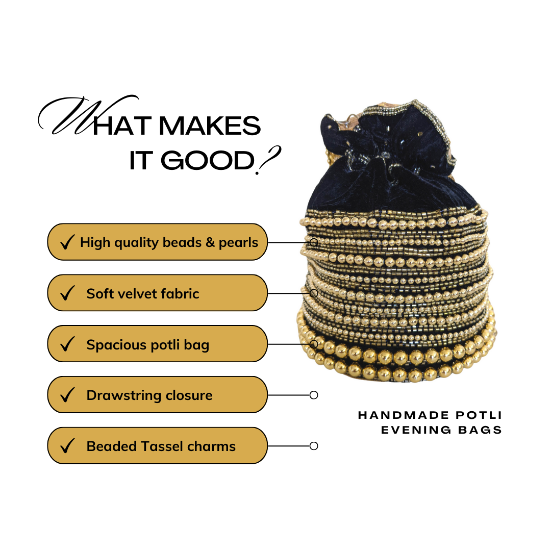 Embellished Velvet Indian Potli Bag With Gold Handle - Craft Bazaar