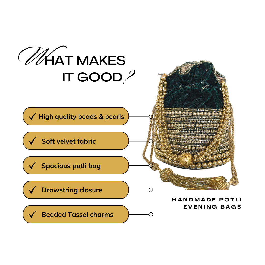 Embellished Velvet Indian Potli Bag With Gold Handle - Craft Bazaar
