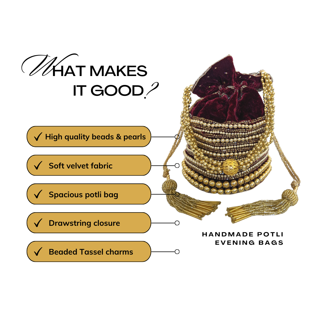 Embellished Velvet Indian Potli Bag With Gold Handle - Craft Bazaar