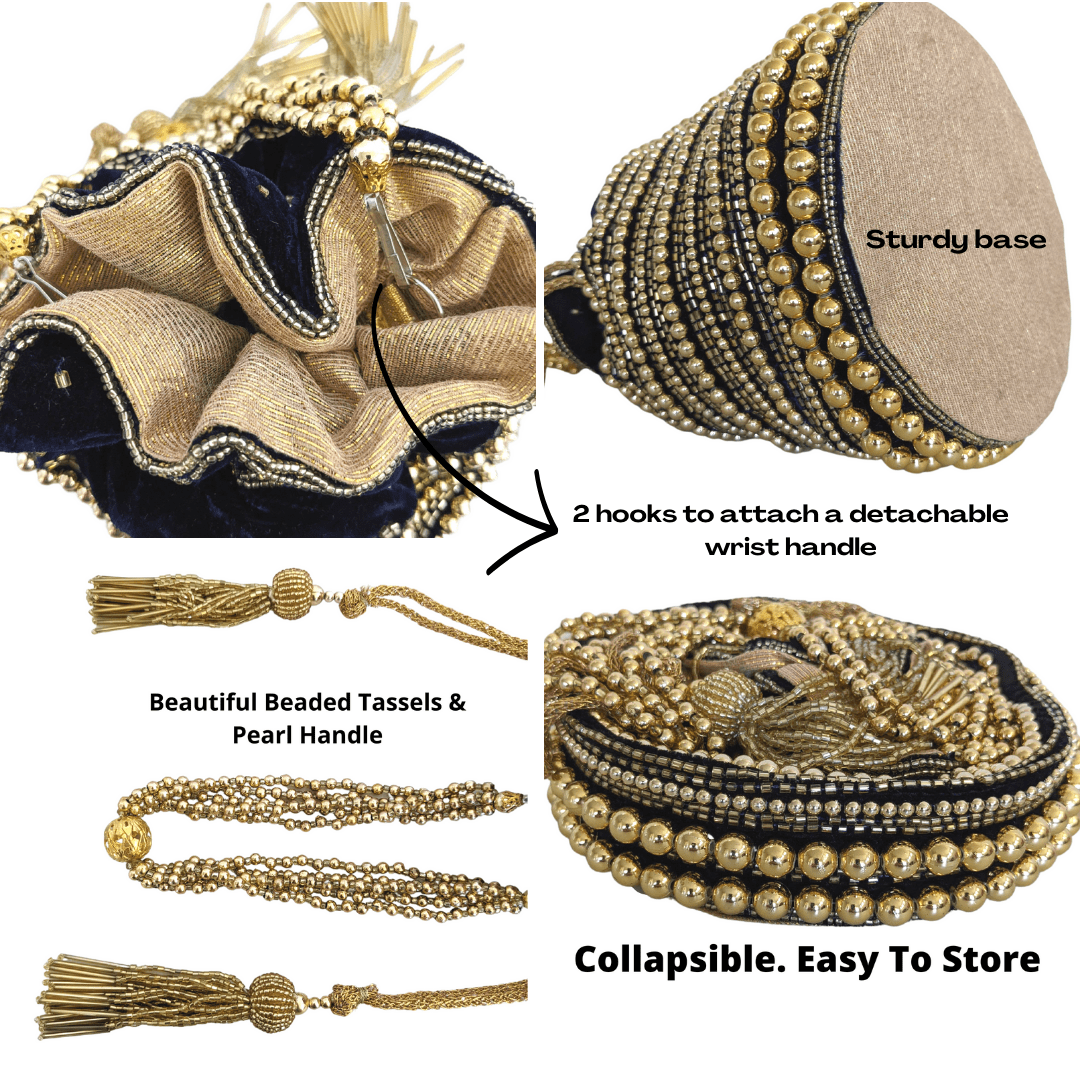 Embellished Velvet Indian Potli Bag With Gold Handle - Craft Bazaar