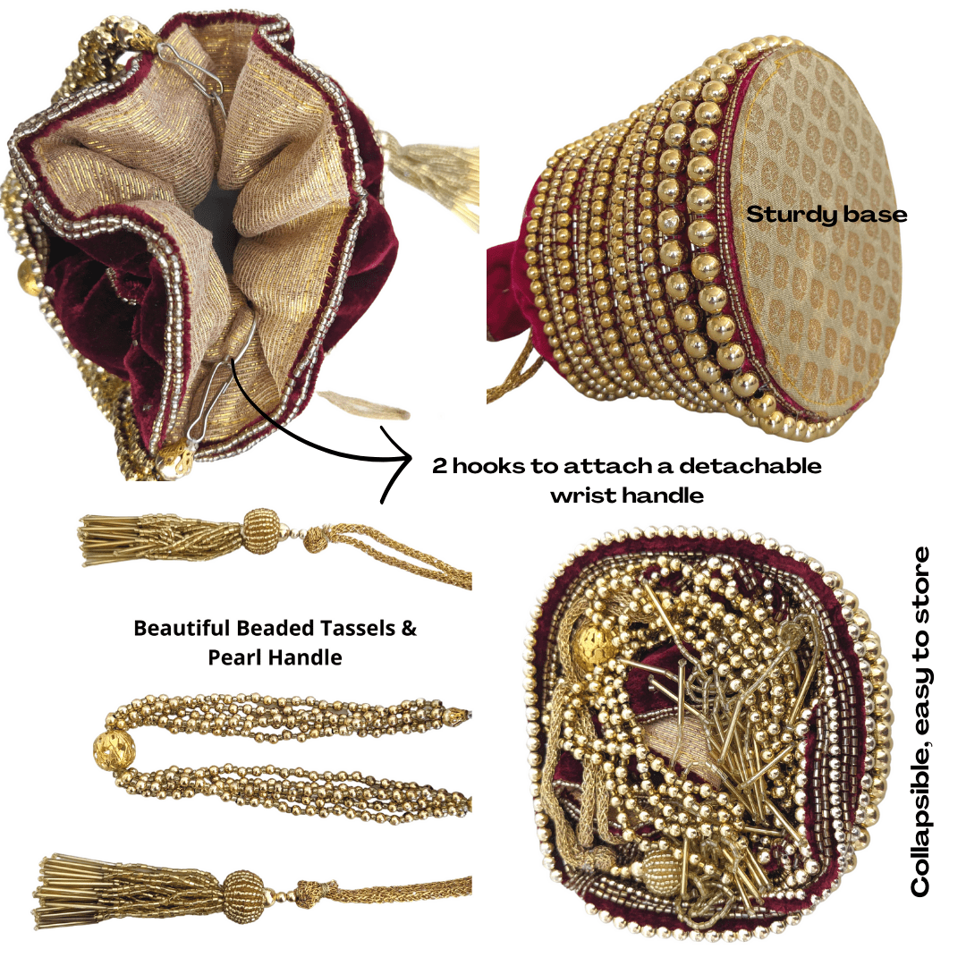 Embellished Velvet Indian Potli Bag With Gold Handle - Craft Bazaar