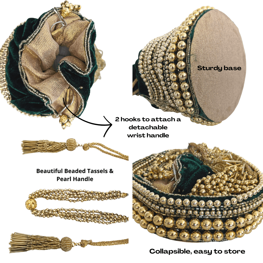 Embellished Velvet Indian Potli Bag With Gold Handle - Craft Bazaar