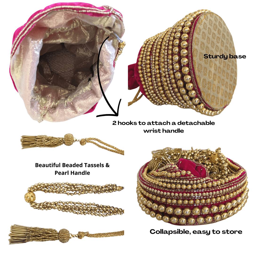 Embellished Velvet Indian Potli Bag With Gold Handle - Craft Bazaar