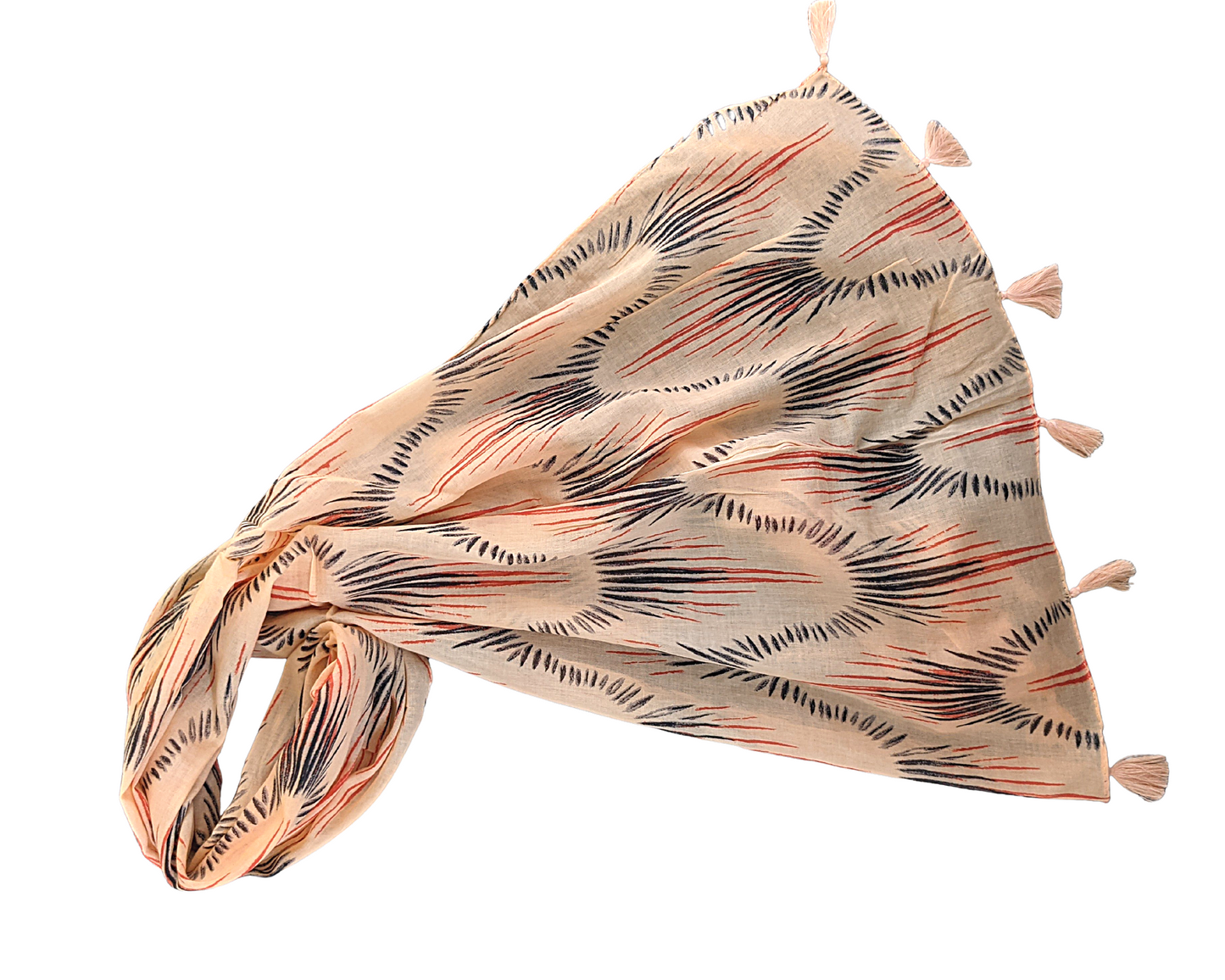 Peach Ikat Cotton Scarf | Peach Tassels - Craft Bazaar
