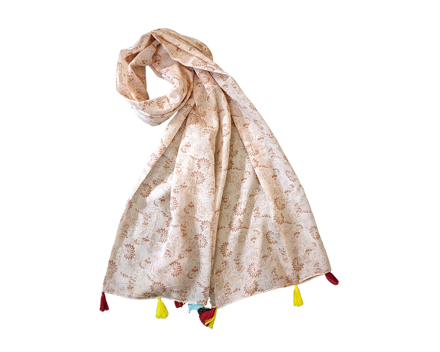 Peach & Brown Cotton Scarf | Colorful Tassels - Craft Bazaar