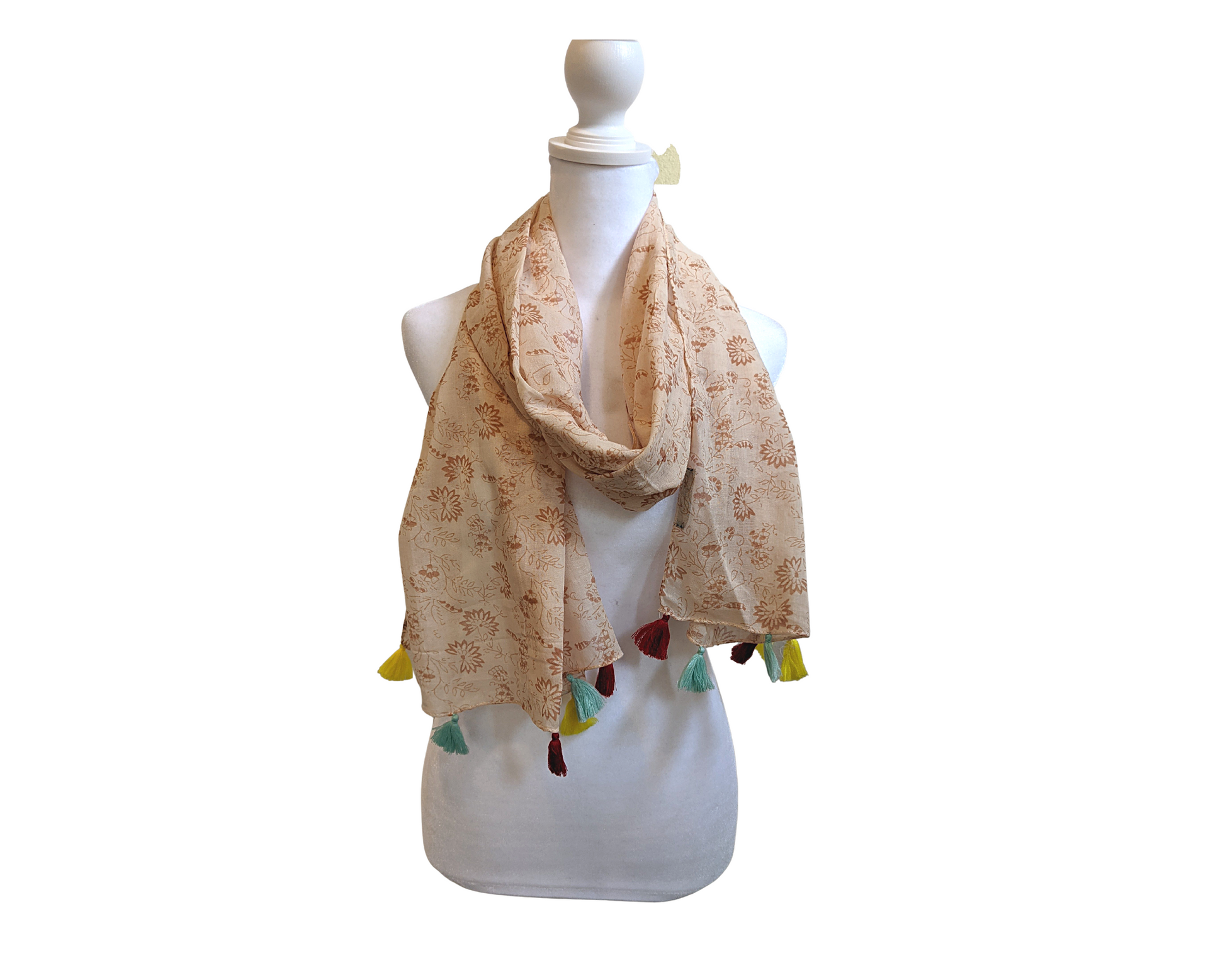 Peach & Brown Cotton Scarf | Colorful Tassels - Craft Bazaar