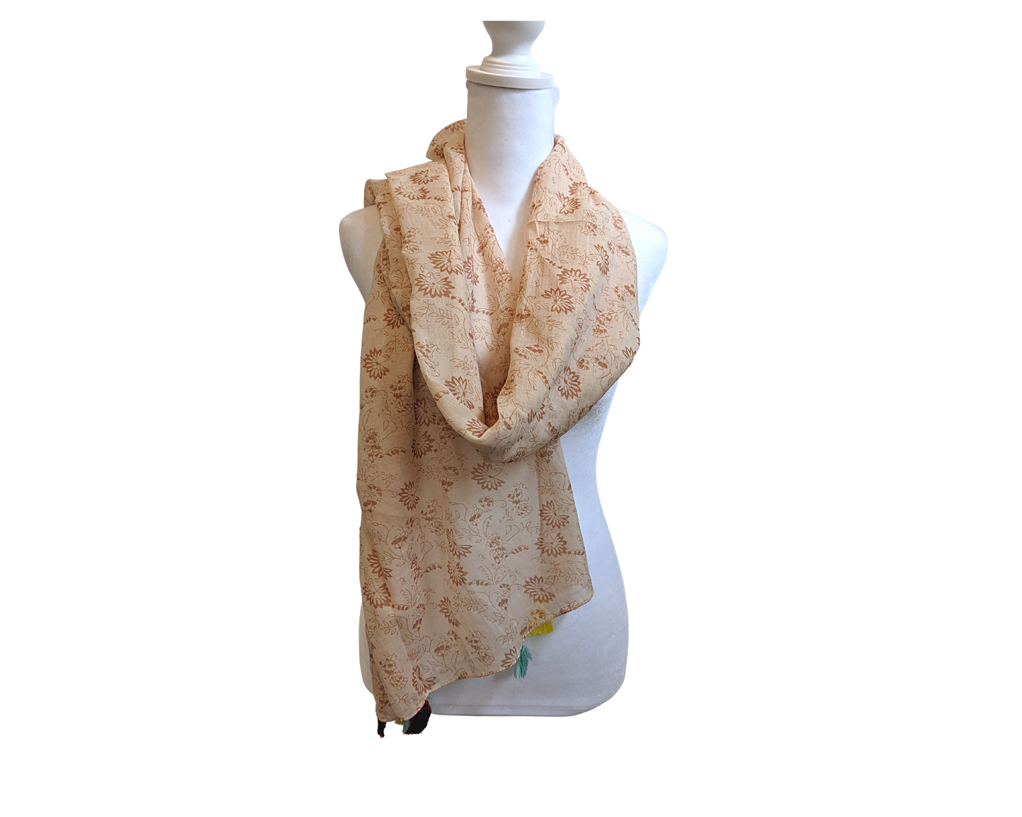 Peach & Brown Cotton Scarf | Colorful Tassels - Craft Bazaar