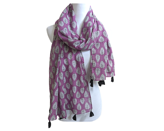 Violet Floral Cotton Scarf | Black Tassels - Craft Bazaar