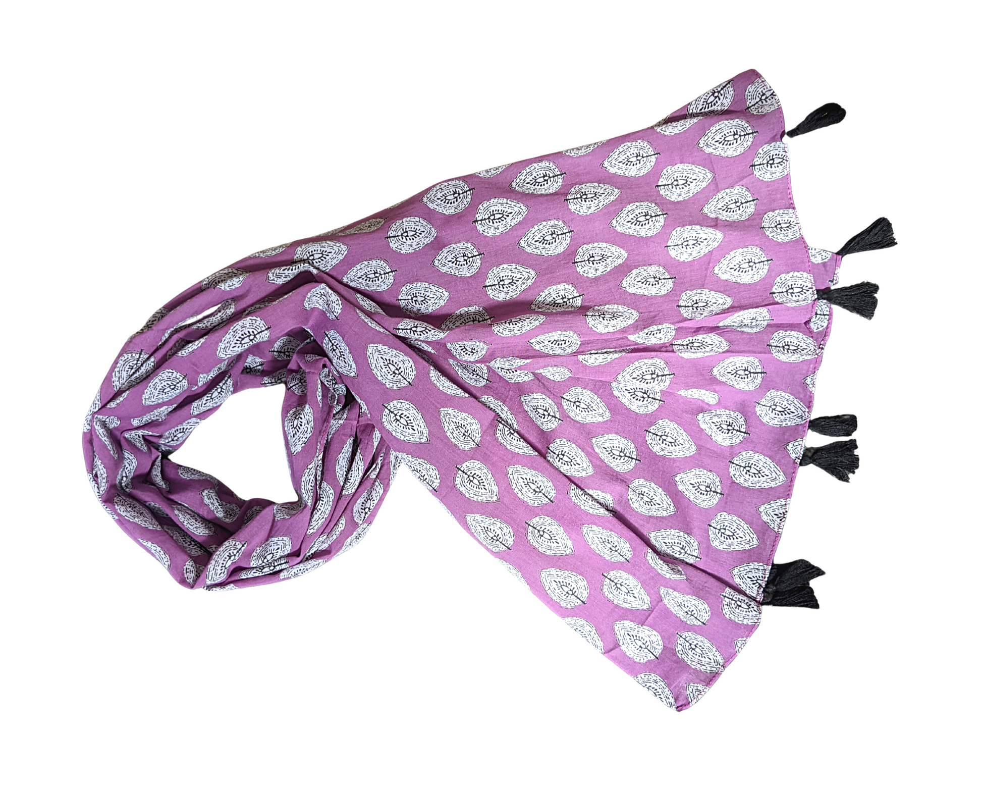 Violet Floral Cotton Scarf | Black Tassels - Craft Bazaar