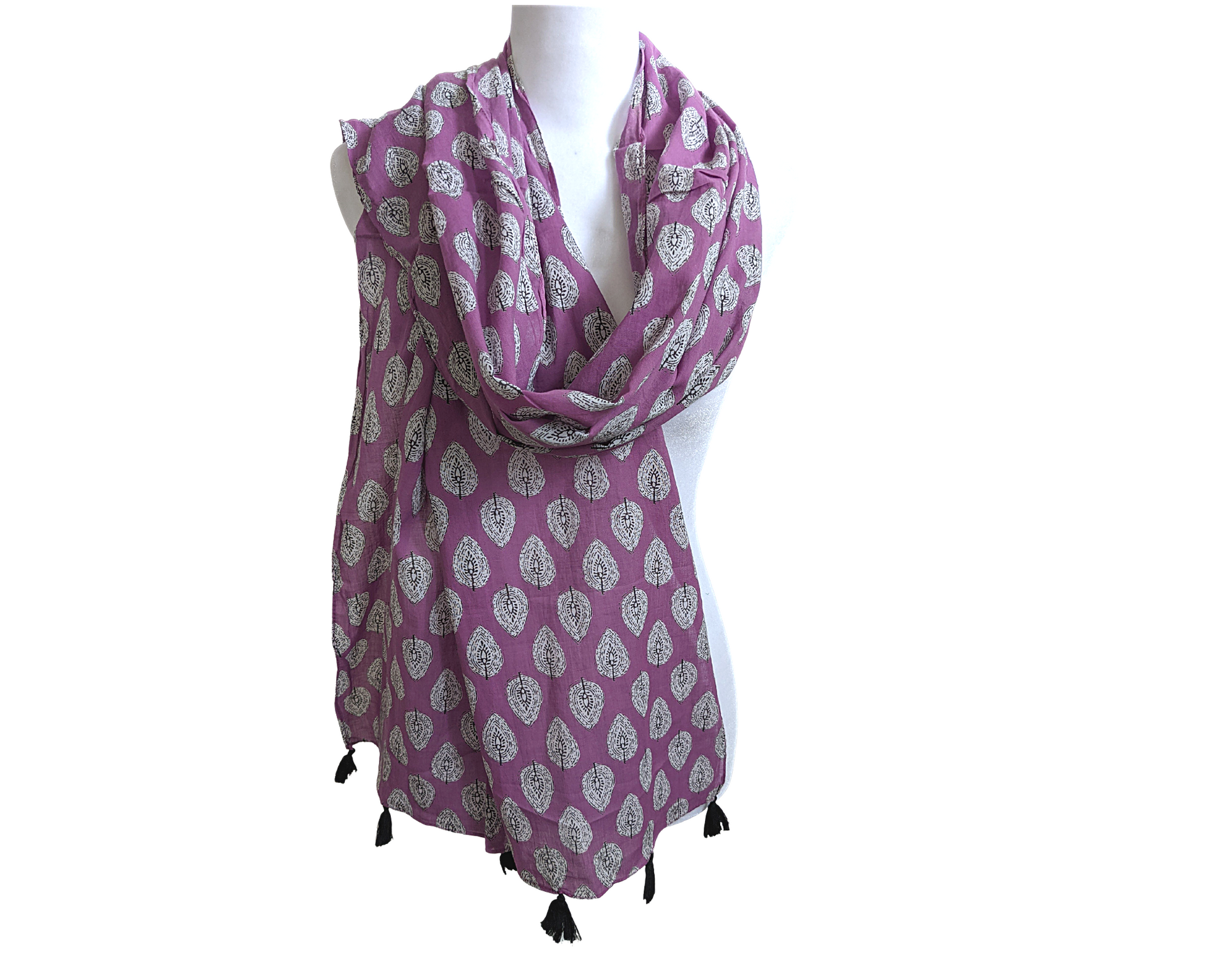 Violet Floral Cotton Scarf | Black Tassels - Craft Bazaar