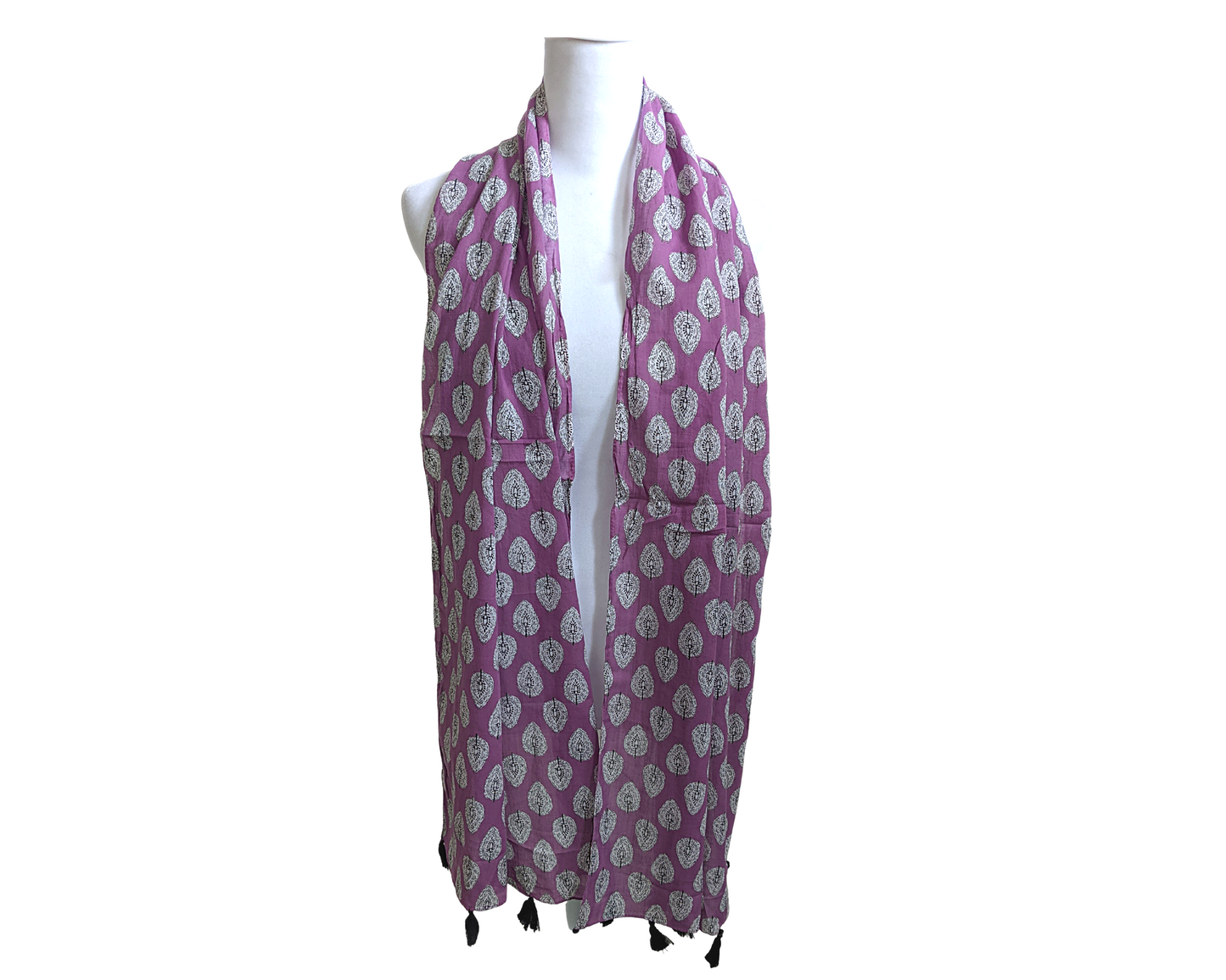 Violet Floral Cotton Scarf | Black Tassels - Craft Bazaar