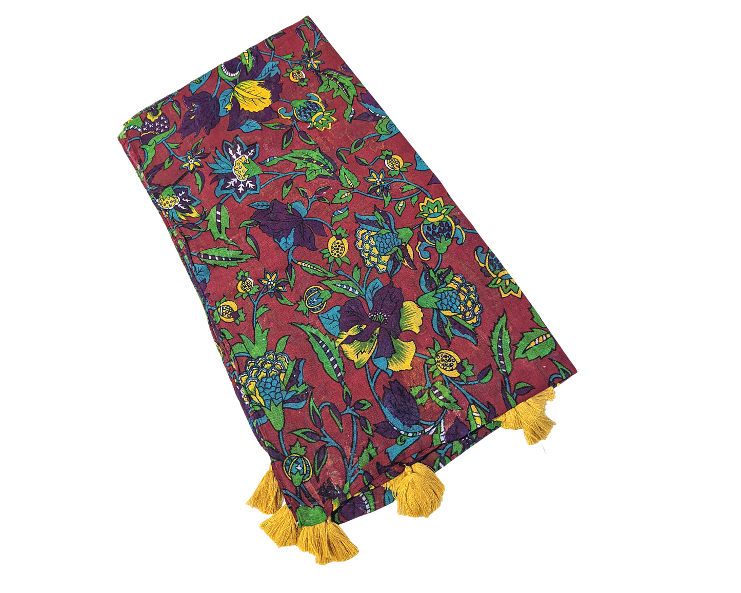 Red Multicolored Floral Cotton Scarf | Yellow Tassels - Craft Bazaar
